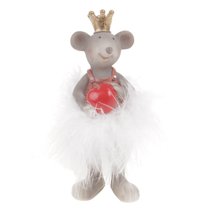 Myška s korunkou a bílou sukní z peří, polyresinová dekorace.