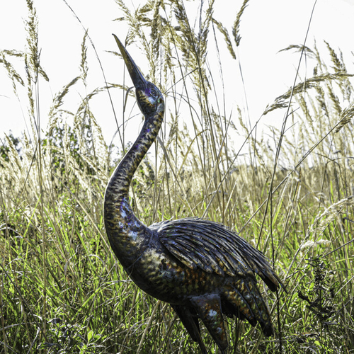 Volavka - 133 cm, kovová dekorace, měděná s barevnými skvrnami