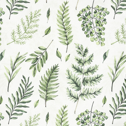 Běhoun - mix zelených listů, bílý základ, 100 % polyester, 40 x 150 cm