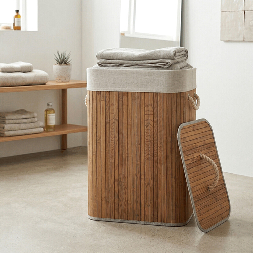 Koš prádelní - bambusový, s víkem, tmavě šedý