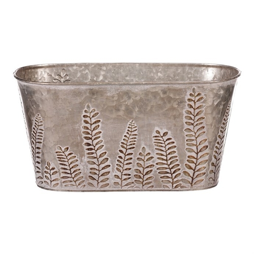 Truhlík z kovu na květiny, v tmavě krémové barvě s kapradím