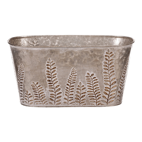 Truhlík z kovu na květiny, v tmavě krémové barvě s kapradím