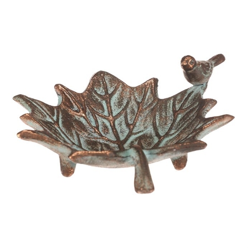 Krmítko/pítko kovové - javorový list s ptáčkem, měděné