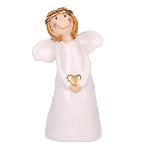 Anděl - keramická figurka, bílá se zlatým srdcem