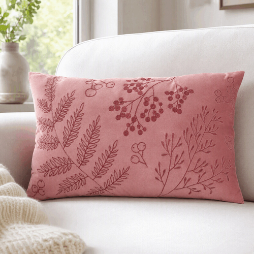 Polštář s výplní - červený, rostlinný vzor, 100% polyester, 50 x 30 cm