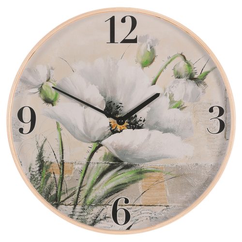 Hodiny nástěnné - pr. 40 cm, MDF a dřevený rám, kvetoucí mák