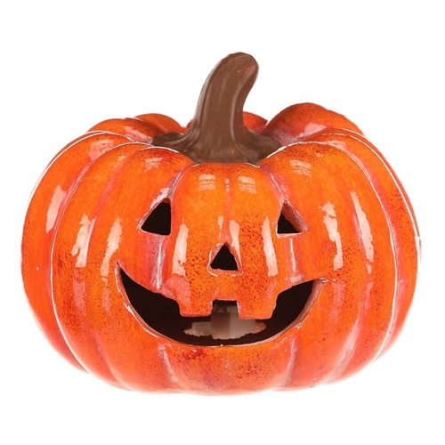 Dýně s obličejem - keramika, LED osvětlení, oranžová