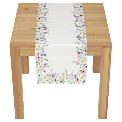 Běhoun - vzor lučních květin, bílý střed, 100 % polyester, 40 x 150 cm
