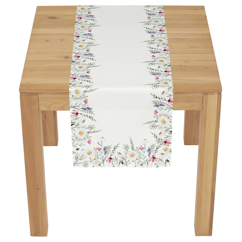 Běhoun - vzor lučních květin, bílý střed, 100 % polyester, 40 x 150 cm