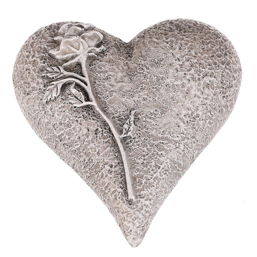 Srdce s růží - pietní dekorace, polyresin, šedá