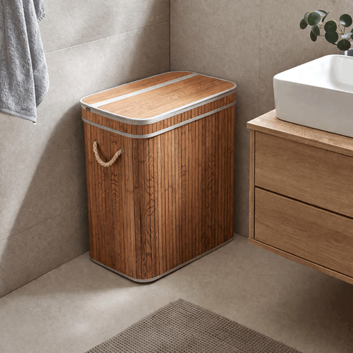 Koš prádelní - bambusový, s víkem, šedo-hnědý