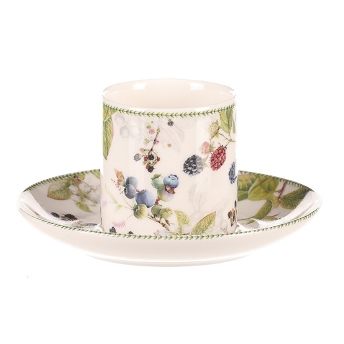 Hrneček s podšálky po 2 kusech - dárkový set, porcelán, bílý s lesními plody