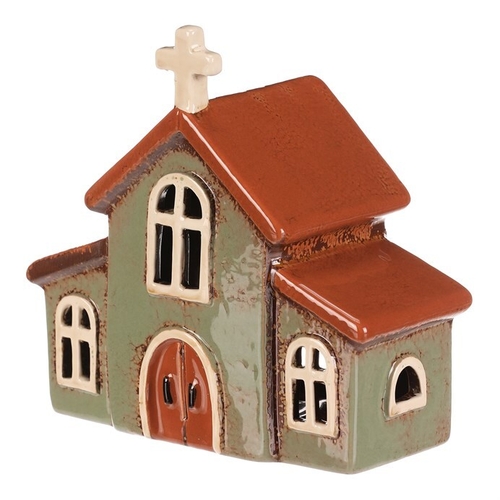 Domeček keramický - kostelík, na čajovou svíčku, zelený