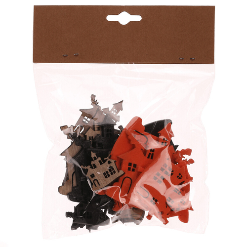 Strašidelné domečky - dřevo, mix 3 barev a vel., cena za balení (18 ks)
