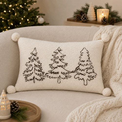 Polštář s výplní - šedý se stromky, pompóny, 100% polyester, 50 x 30 cm