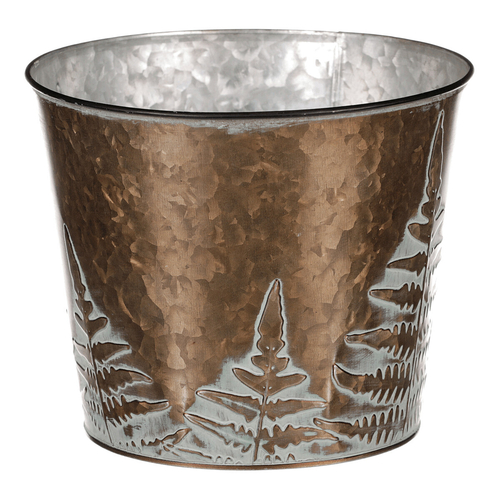 Obal z kovu na květiny, v  měděné barvě s kapradím.