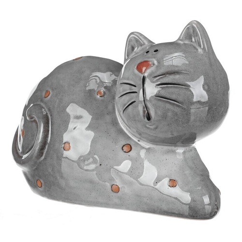Kočka - keramická figurka, ležící, vel. M, šedá