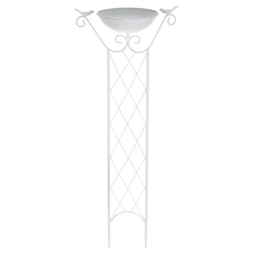 Krmítko/pítko - kovový zápich, mřížka, miska s ptáčky, bílé