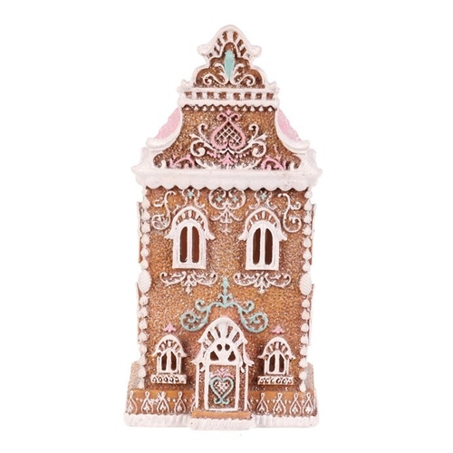Domeček perníkový - polyresin, LED osvětl., hnědý s barevným zdobením