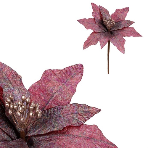 Vánoční růže - umělý květ na stonku, fialová se třpytkami