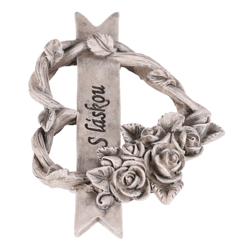 Srdce s růžemi a stuhou - pietní, polyresin, šedá