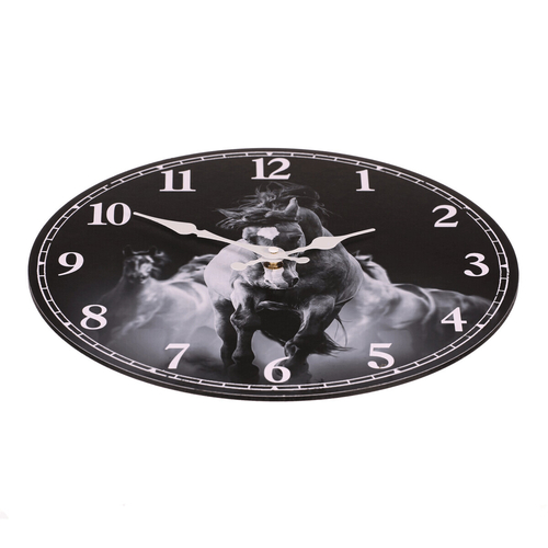 Hodiny nástěnné - pr. 34 cm, MDF, černo-bílé, motiv koní