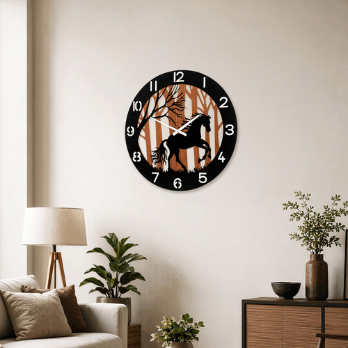 Hodiny nástěnné - pr. 60 cm, kov a dřevo, motiv koně v lese