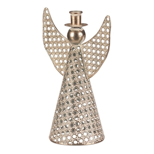 Anděl kovový - 28 cm, na kónickou svíčku, champagne