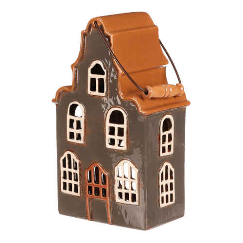 Domeček keramický - patrový, na čajovou svíčku, šedý