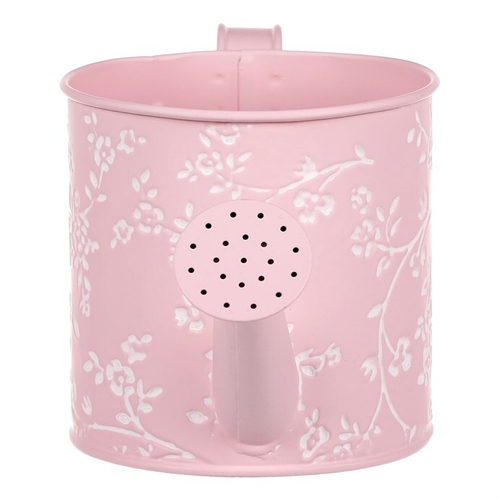 Obal kovový - konev, v růžové barvě s bílými růžemi