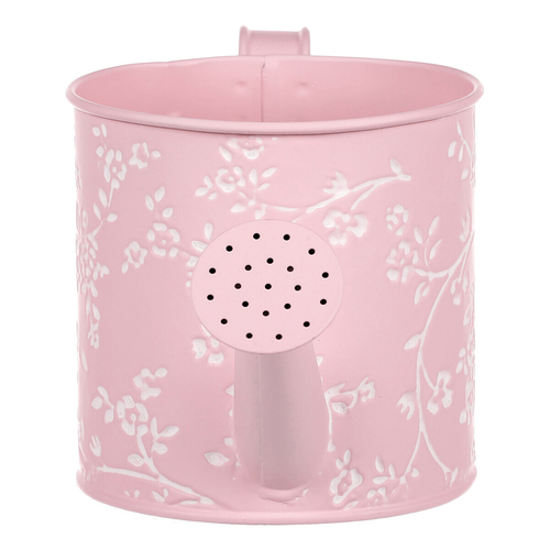 Obal kovový - konev, v růžové barvě s bílými růžemi