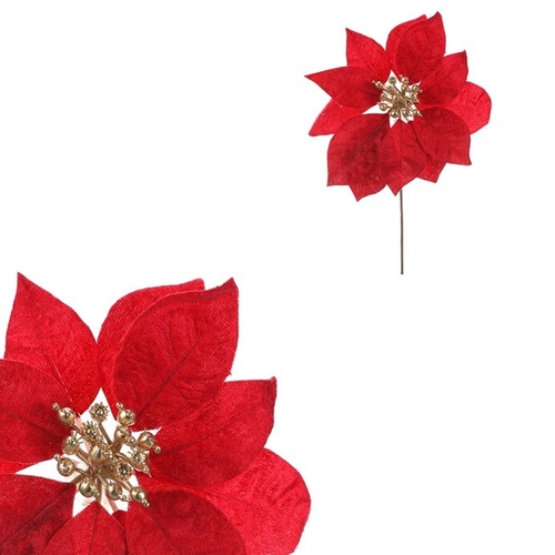 Vánoční růže - umělý květ, zlatý střed, červený