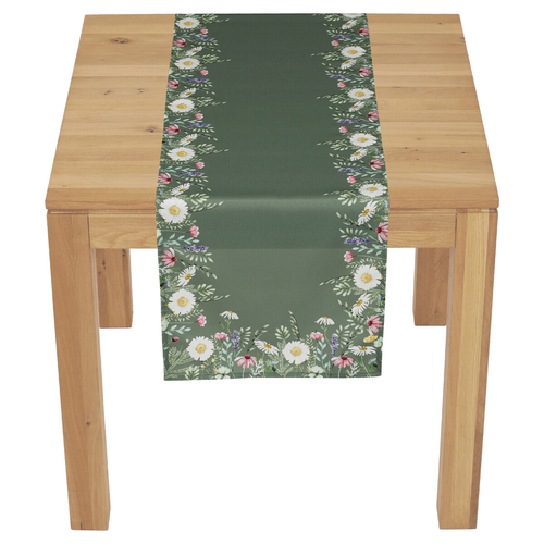 Běhoun - vzor lučních květin, zelený, 100 % polyester, 40 x 150 cm
