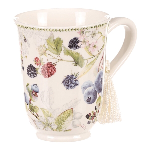 Hrneček v dárkové dóze - porcelán, bílý s lesními plody