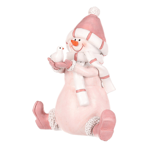 Sněhulák - polyresiová figurka, sedící, růžový obleček a čepka