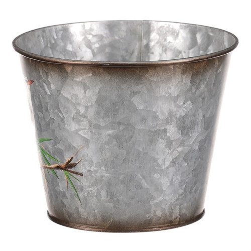 Kovový obal na květiny, design s ptáčky.