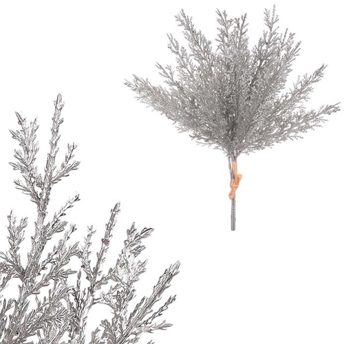 Túje - umělý trs, stříbrný se třpytkami, cena za svazek (4 ks)