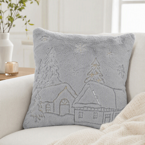 Polštář s výplní - umělá kožešina, vánoční, šedý, 100% polyester, 45 x 45 cm