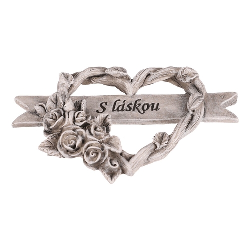 Srdce s růžemi a stuhou - pietní, polyresin, šedá