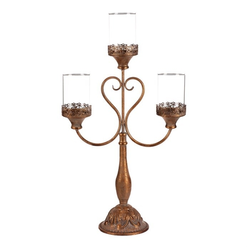 Svícen kovový - 65 cm, 3 ramena, se skly, barva zlatá