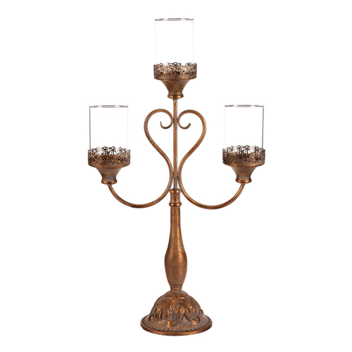 Svícen kovový - 65 cm, 3 ramena, se skly, barva zlatá