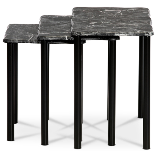 Přístavné a odkládací stolky, set 3 ks, deska černý mramor, kovové nohy, černý m