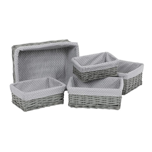 Koš regálový - proutěný, šedý s látkou, cena za sadu 5 ks