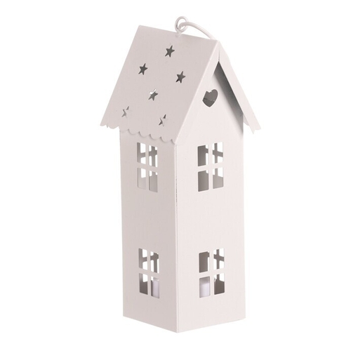 Lucerna mini - kovová, LED svíčka, patrový domek, bílá