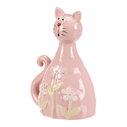 Kočka - keramická figurka, dekor květin, vel. M, růžová