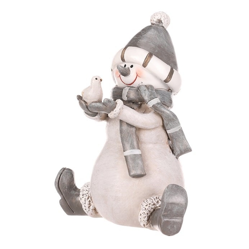 Sněhulák - polyresiová figurka, sedící, šedý obleček a čepka