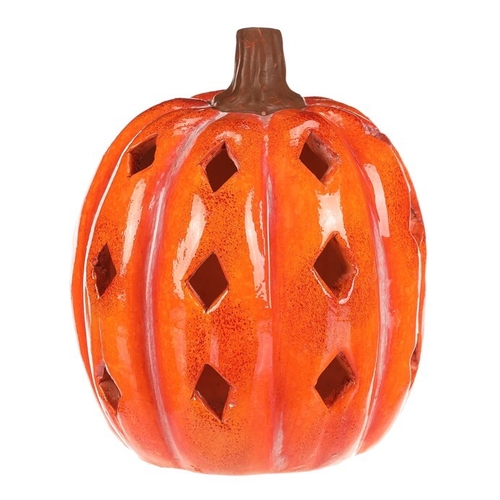 Dýně s otvory - keramika, LED osvětlení, oranžová