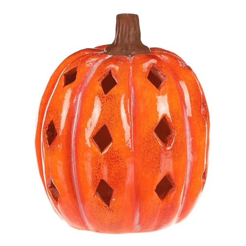 Dýně s otvory - keramika, LED osvětlení, oranžová