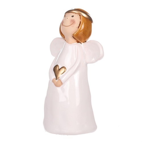 Anděl - keramická figurka, bílá se zlatým srdcem