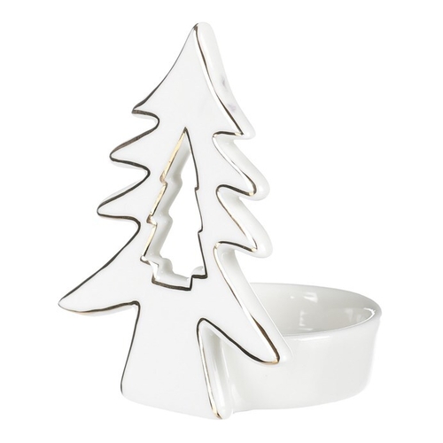 Svícen na kónickou svíčku - porcelán, se stromečkem, bílý